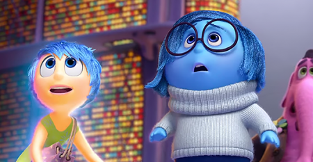 A screen shot the movie "Inside Out" depicts Joy, Sadness, and Bing Bong (back right) on an adventure in Riley's long term memory. ©Disney Pixar, 2015.