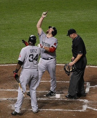 Boston Redsox player Kevin Youkilis, who is Jewish and had a Bar Mitzvah at a Conservative synagogue, points to God during a play, August 1, 2009. Photo by Keith Allison. Available via Flickr.