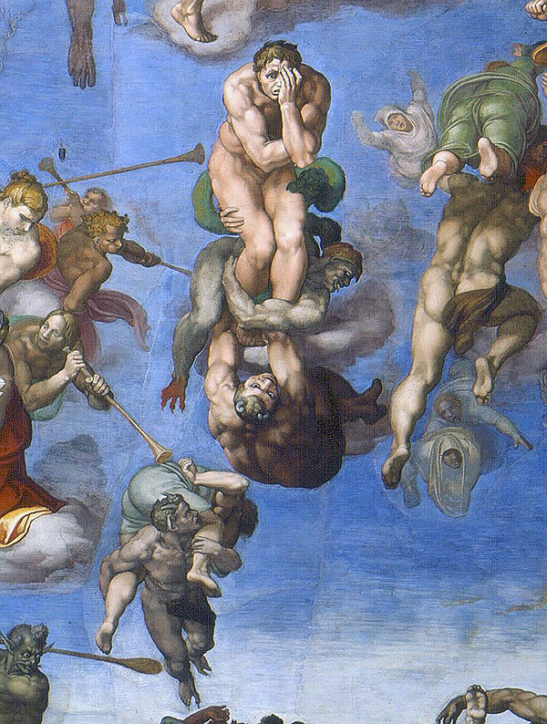 Last Judgement (Detail of man with demon), fresco, 1535-1541 by Michelangelo. Available via Wikimedia Commons.