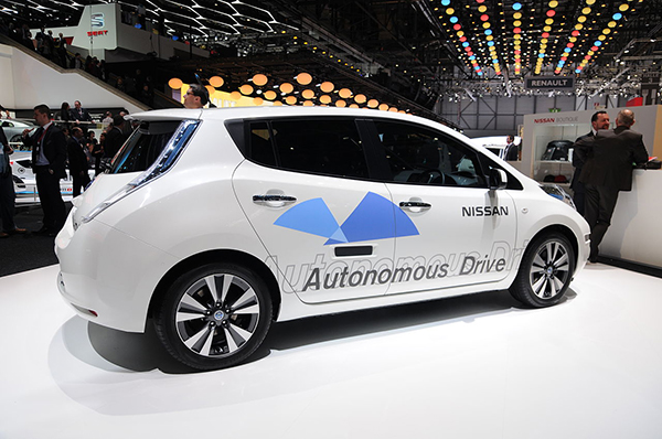 Nissan autonomous car prototype (using a Nissan Leaf electric car) exhibited at the Geneva Motor Show 2014 Image via: Wikipedia