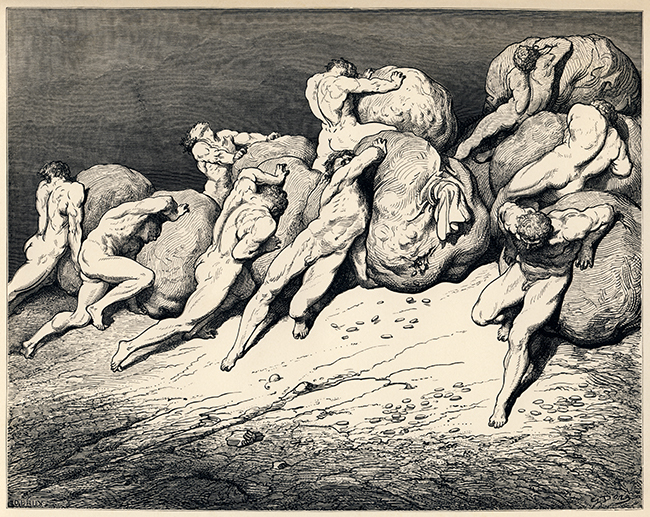 Gustave Doré's illustration to Dante's Inferno. Plate XXII: Canto VII: The hoarders and wasters. "For all the gold that is beneath the moon, / Or ever has been, of these weary souls / Could never make a single one repose" (Longfellow's translation) "Not all the gold that is beneath the moon / Or ever hath been, or these toil-worn souls / Might ever purchase rest for one" (Cary's translation). Image via Wikimedia Commons